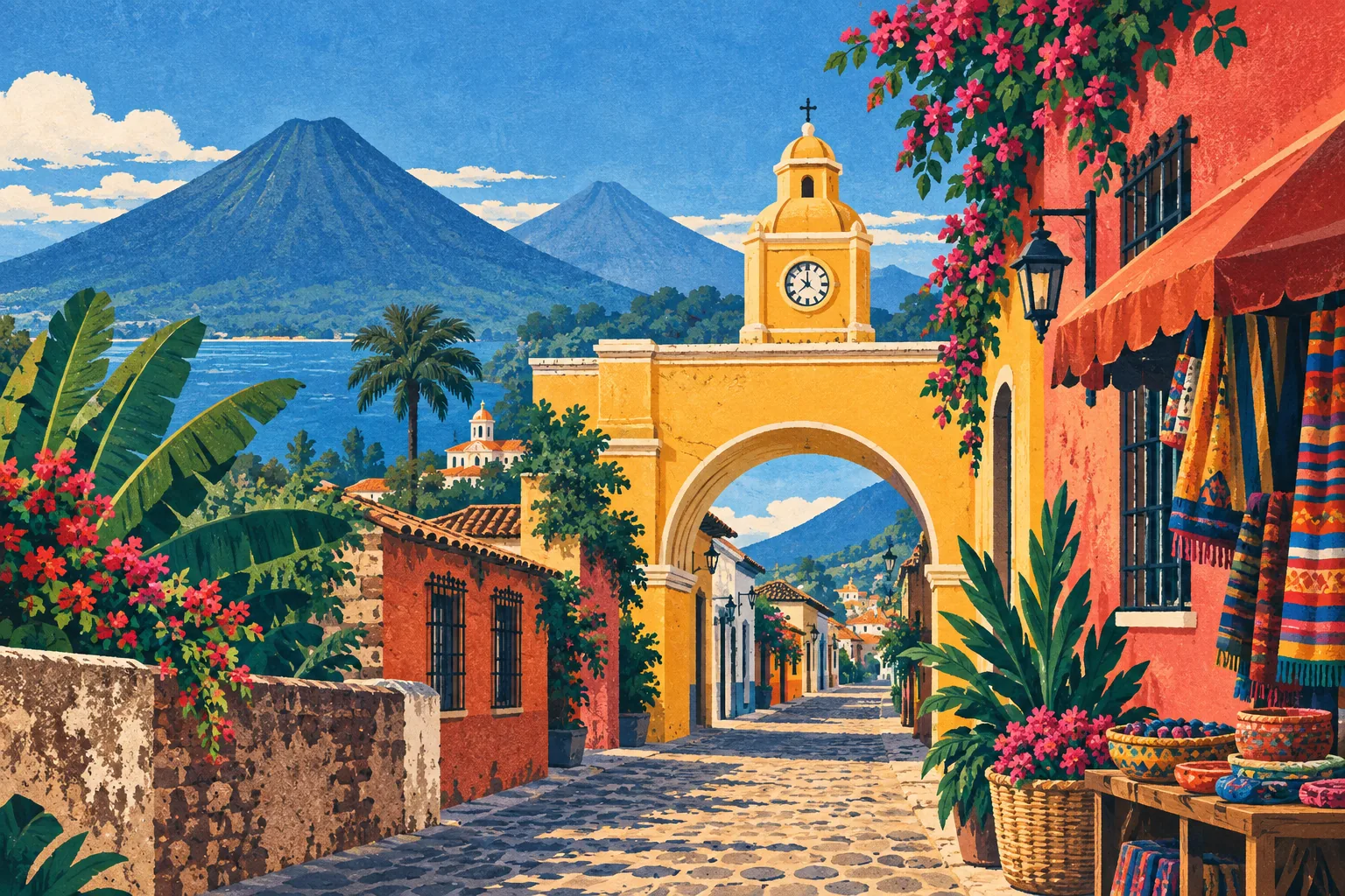 Colorful illustrated Central American streetscape with volcanoes